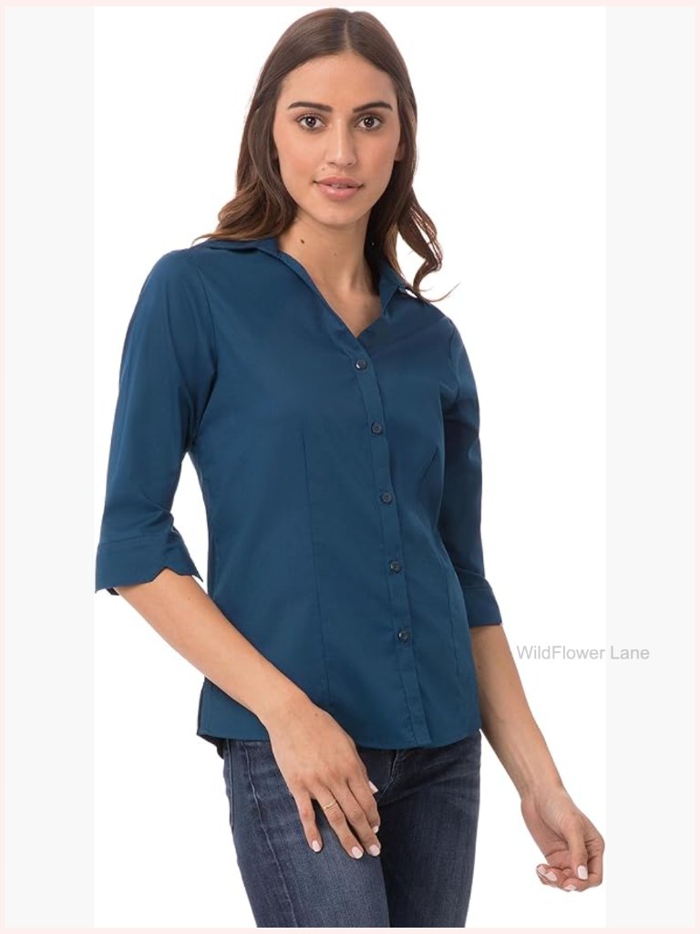 Finesse Short Sleeve Button-Down Shirt, Fitted, 3/4 Cuffed Sleeve